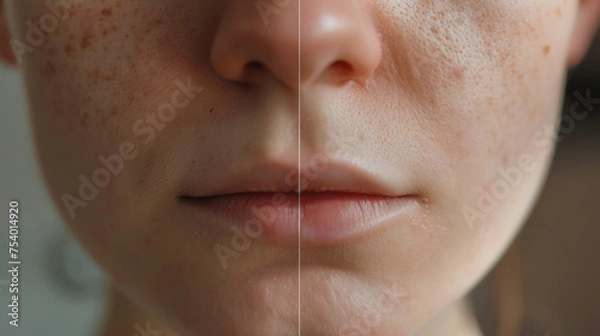 Fototapeta A before and after picture showing the difference in a persons skin after using a facial steamer to open up their pores and unclog them.