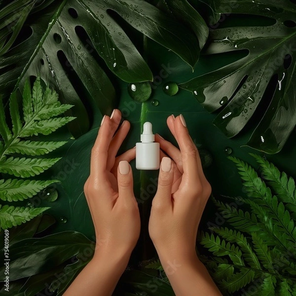 Obraz Beautiful hand and product mockup on natural background, leaves and water drops. generative ai  art