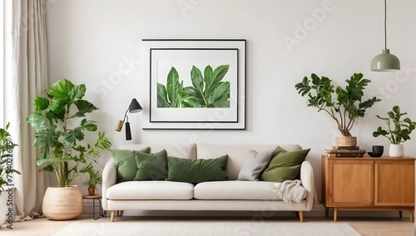 Fototapeta A cozy living room setup with a white wall showcasing a blank poster frame, beside a wooden sideboard decorated with a small green plant Generative AI