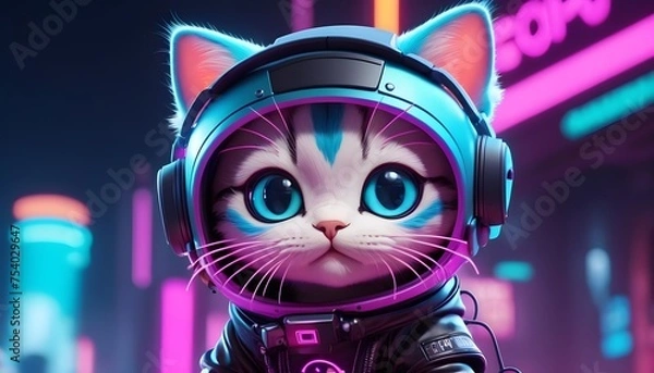Fototapeta a cute and futuristic kitten in a cyberpunk setting. It’s wearing a high-tech helmet with a neon blue outline and built-in headphones, enhancing its sci-fi appearance.