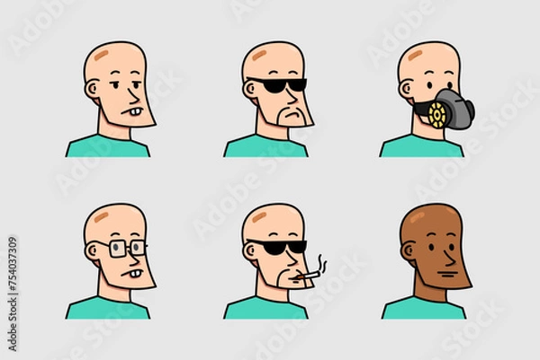 Obraz Cartoon Bald Male Head Facial Expression Set With Various Clothes Vector