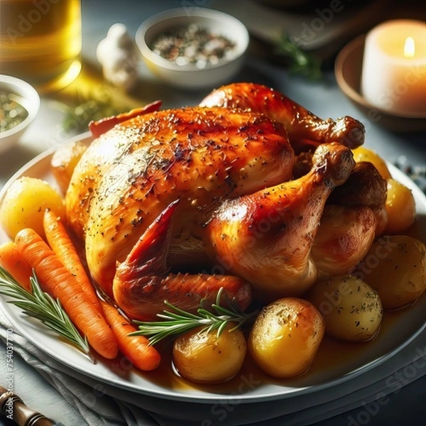 Fototapeta Roasted chicken with vegetables