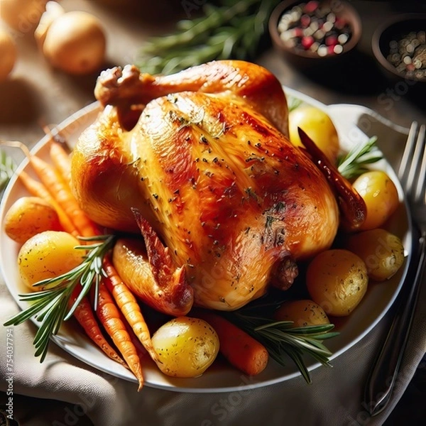 Fototapeta Roasted chicken with vegetables