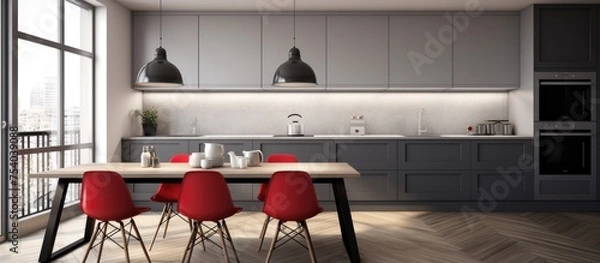 Fototapeta A minimalistic modern kitchen featuring a table surrounded by bright red chairs on a sleek parquet floor. The clean design of the kitchen exudes a contemporary aesthetic.