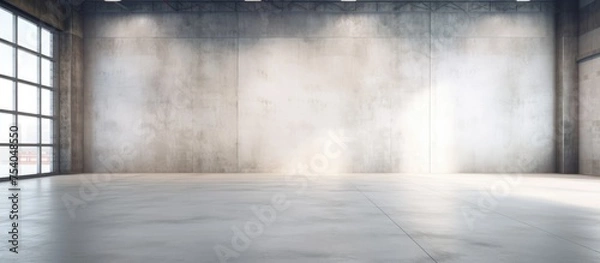 Obraz This image features a contemporary and spacious room with concrete flooring and large windows. The room is empty, with a white mock-up poster on one of the walls. The design is minimalistic,