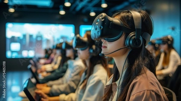 Fototapeta A high definition photo of a conference room filled with students and a teacher all wearing headphones actively participating in a virtual lecture on global market trends