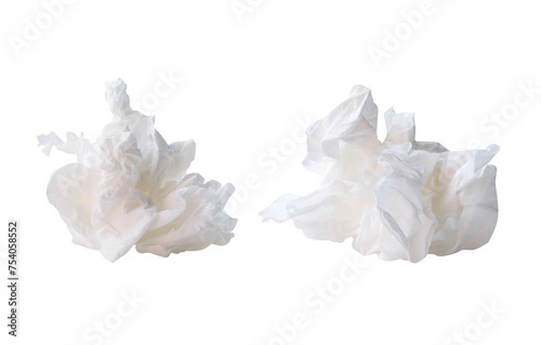 Fototapeta Front view set of crumpled tissue paper ball after use in toilet or restroom isolated on white background with clipping path