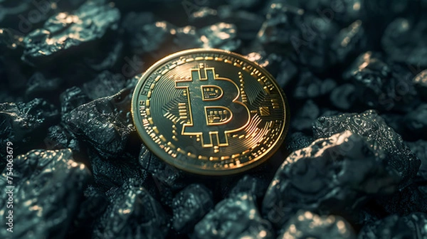Fototapeta Bitcoin, the concept of virtual currency blockchain. Bitcoin model with coal background. Generative AI illustration 