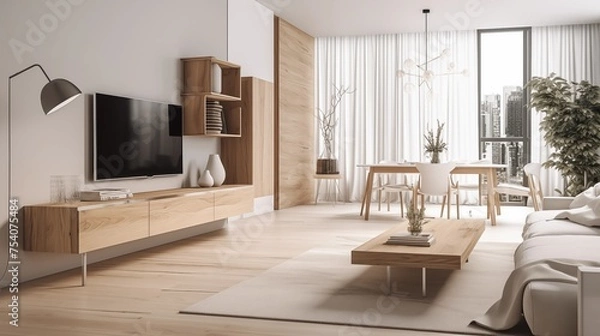 Fototapeta Modern living room with white and natural wood furniture in minimalist design