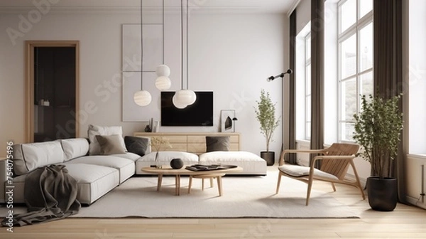 Fototapeta Modern living room with white and natural wood furniture in minimalist design