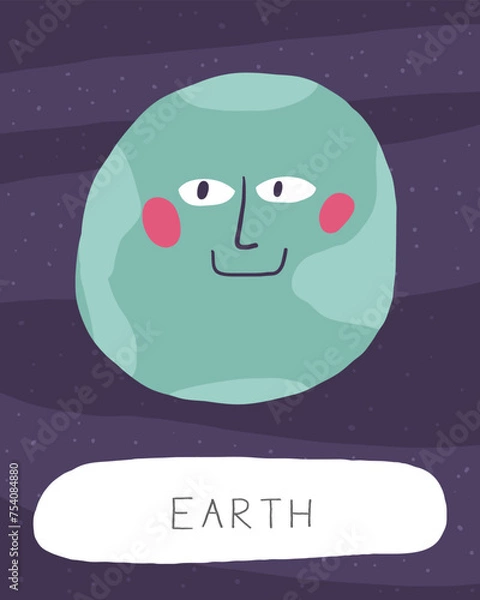 Fototapeta Learn space flashcard. Learning English words for kids. Cute hand drawn doodle educational card with earth planet character. Preschool cosmos, universe learning material