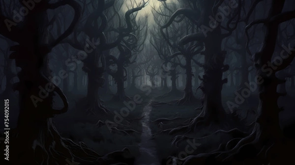 Obraz foggy forest at night,mysterious dark forest at night