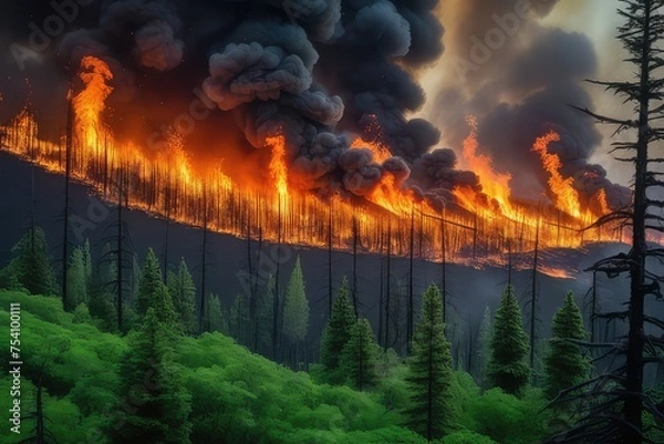 Obraz Aerial photography of a raging forest fire in a mountainous region