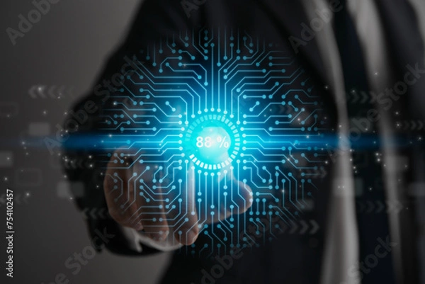Fototapeta Businessman Touch Screen and Blue Circle Loading Module