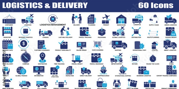 Fototapeta Logistics and Delivery Colorful icon set. Editable Set of 60 Delivery and Logistics web icons in fill style. High quality business icon set of Logistics