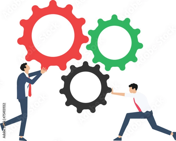 Obraz Business teamwork vector concept with business team pushing gears together. Symbol of cooperation, collaboration, technology, success

