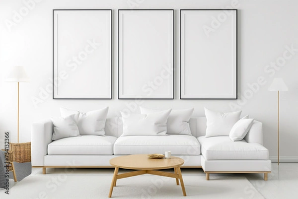 Fototapeta 3 empty frames wall art in living room mock up.