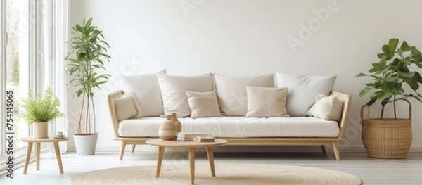 Fototapeta A modern living room featuring a white Scandinavian comfort couch with cushions, a wooden coffee table with a cup and fresh croissant on a breakfast tray, a rug on the floor, a wicker basket,