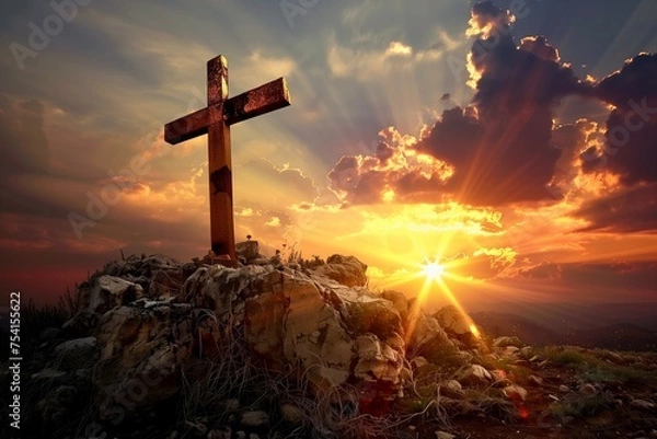 Fototapeta Calming jesus christ crucifix on cross on calvary sunset background concept for good friday he is risen in easter day, good friday jesus death on crucifix, world christian and holy spirit religious