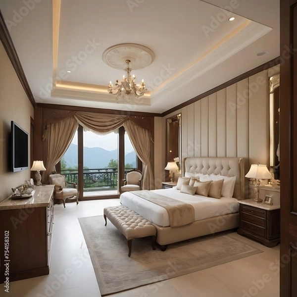 Obraz Hotel room or bedroom with double bed and garden views