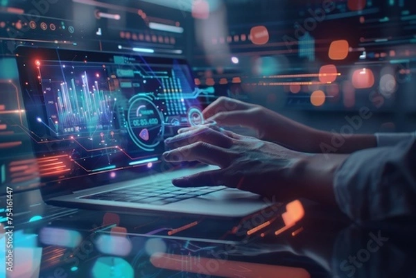 Fototapeta Person using laptop with futuristic digital analytics interface.