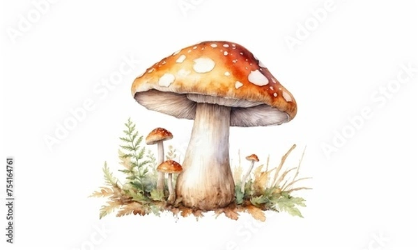 Fototapeta watercolor drawing of fly agaric mushrooms with grass isolated on white background