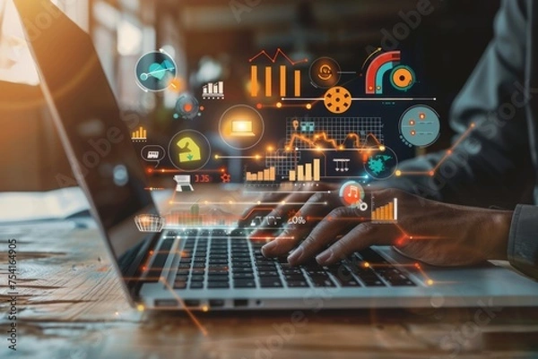 Fototapeta Businessperson working on a laptop with digital marketing and analytics icons.