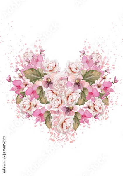 Fototapeta Watercolor heart with different flowers.