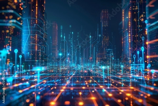 Fototapeta Futuristic digital cityscape with neon circuit lines