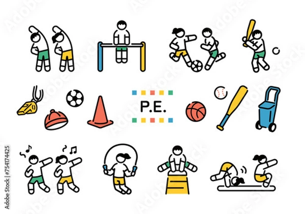 Obraz Elementary school physical education class illustration set