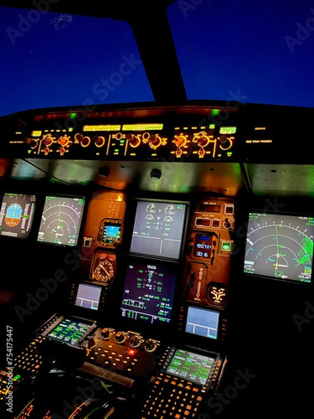 Obraz Modern cockpit of an airliner in cruise at night in portrait