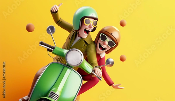 Obraz Vibrant 3D Render Cartoon Illustration of a Joyful Ride Together on a