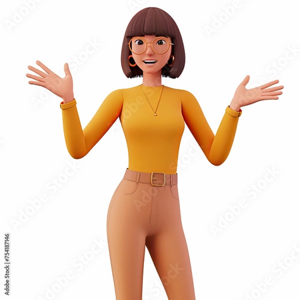 Obraz Radiant and Friendly Adult Female Character in a 3D Render Cartoon Style, Striking a Pose or Gesture of Greeting