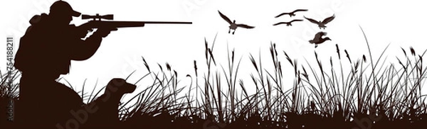 Fototapeta Hunter and dog silhouette aiming his gun at ducks, hunting concept. Isolated on transparent background.