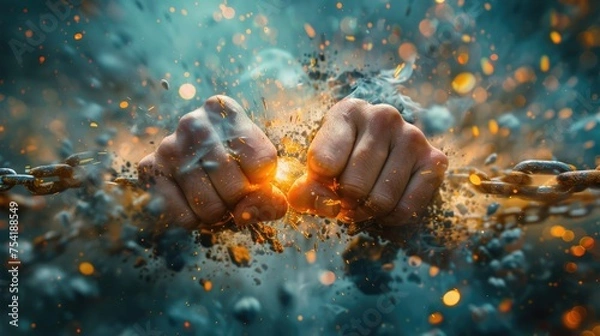 Obraz Breaking free from the chains of self-deception: hands breaking through chains symbolizing the liberation from the constraints of self-doubt and conquer their own imposter syndrome.