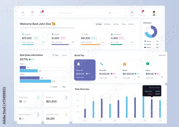 Obraz UI UX Infographic dashboard. UI design with graphs, charts and diagrams. Web interface template