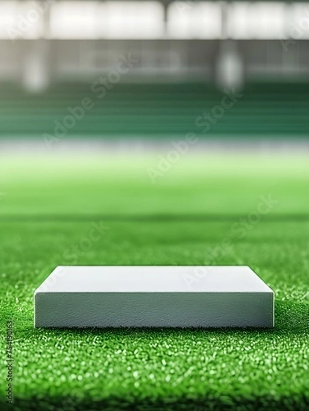 Fototapeta White square Platform for Product Presentation on a green Pitch. Blurred Sports Background