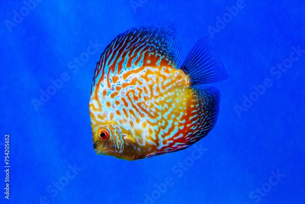 Fototapeta The Discus fish (Latin Symphysodon heckel) is golden in color with a beautiful pattern of red stripes on a dark background of the seabed. Marine life, fish, subtropics.