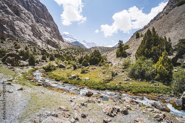 Fototapeta A mountain river flows in a valley in the Fann Mountains against the backdrop of rocky slopes and peaks with glaciers in Tajikistan, a mountain stream and a valley with vegetation