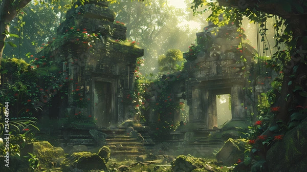 Fototapeta Generative AI, Echoes of the Enchanted: The Lost Civilization Amidst Singing Flora
