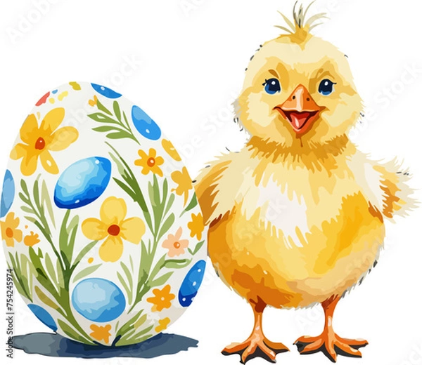 Obraz Easter illustration with chick and easter eggs. watercolor style vector