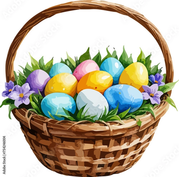 Fototapeta Easter witted basket with easter eggs. Colorful vector in watercolor style.