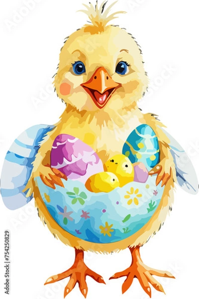 Obraz Easter illustration with chick and easter eggs. watercolor style vector