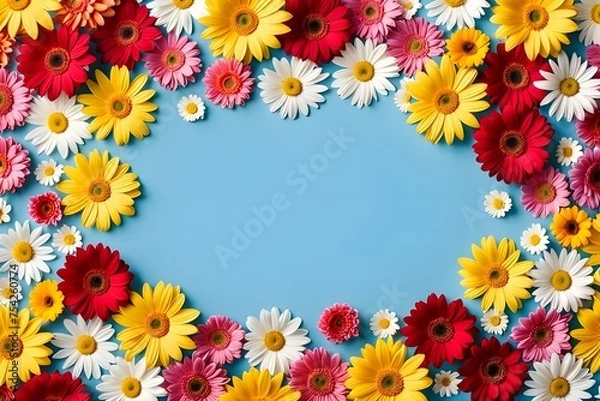 Fototapeta colorful flowers on a bright blue background, having an empty space in the middle