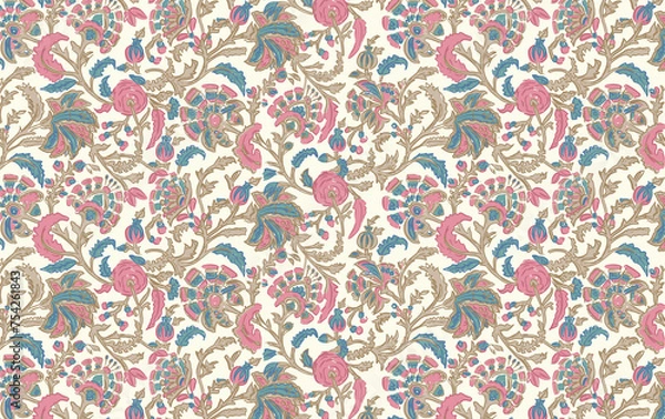 Fototapeta Illustrated by hand mughal floral motif, jaals and seamless patterns. Colorful overall chintz and traditional designs  