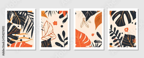 Fototapeta set of vector backgrounds featuring tropical leaves suitable for wall decoration, postcard designs, or brochure covers.