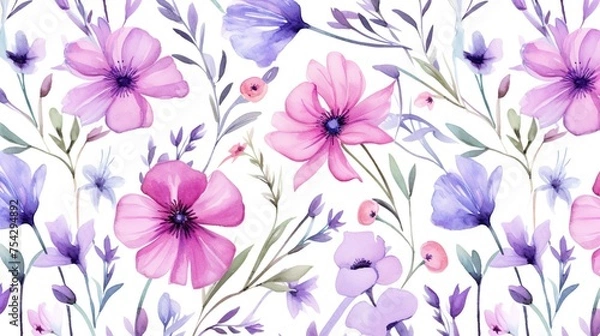 Fototapeta Floral seamless pattern in watercolor texture on a white background. Wedding invitation, valentine day and mother day celebration concept backdrop.