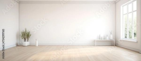 Fototapeta An empty white room with a potted plant placed against a clean white wall. The room follows a minimalist Scandinavian interior design, emphasizing simplicity and functionality.