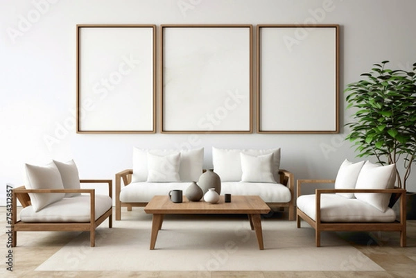 Obraz Clean and serene living room setting with two sofas, a rustic wooden table, and a blank frame for text.