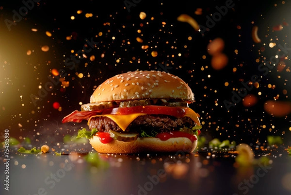 Obraz Cheeseburger with bacon and vegetables on a dark background. Explosion of flavours and textures.